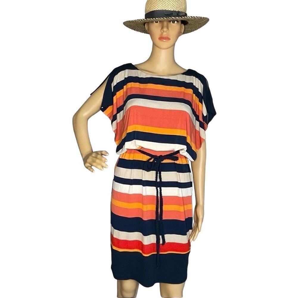 Sangria Sash Belted Navy Blue Orange Cream Striped Loose Fitting Mini Dress sz 4
